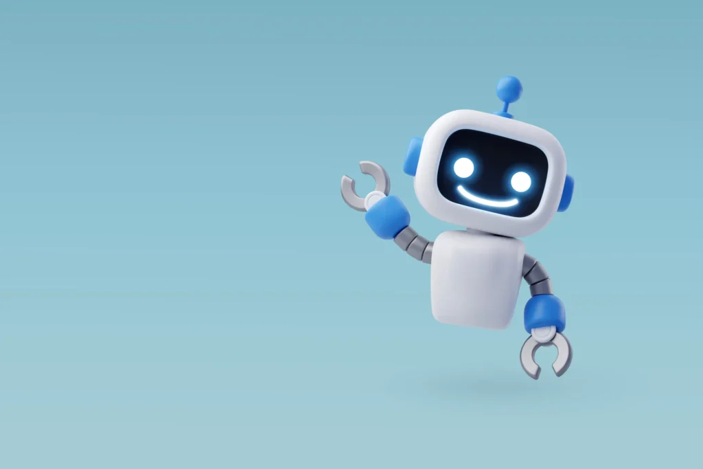 Illustration av en liten vit robot – symbol för AI och frågan om artificiell intelligens kan användas i förhandlingar.