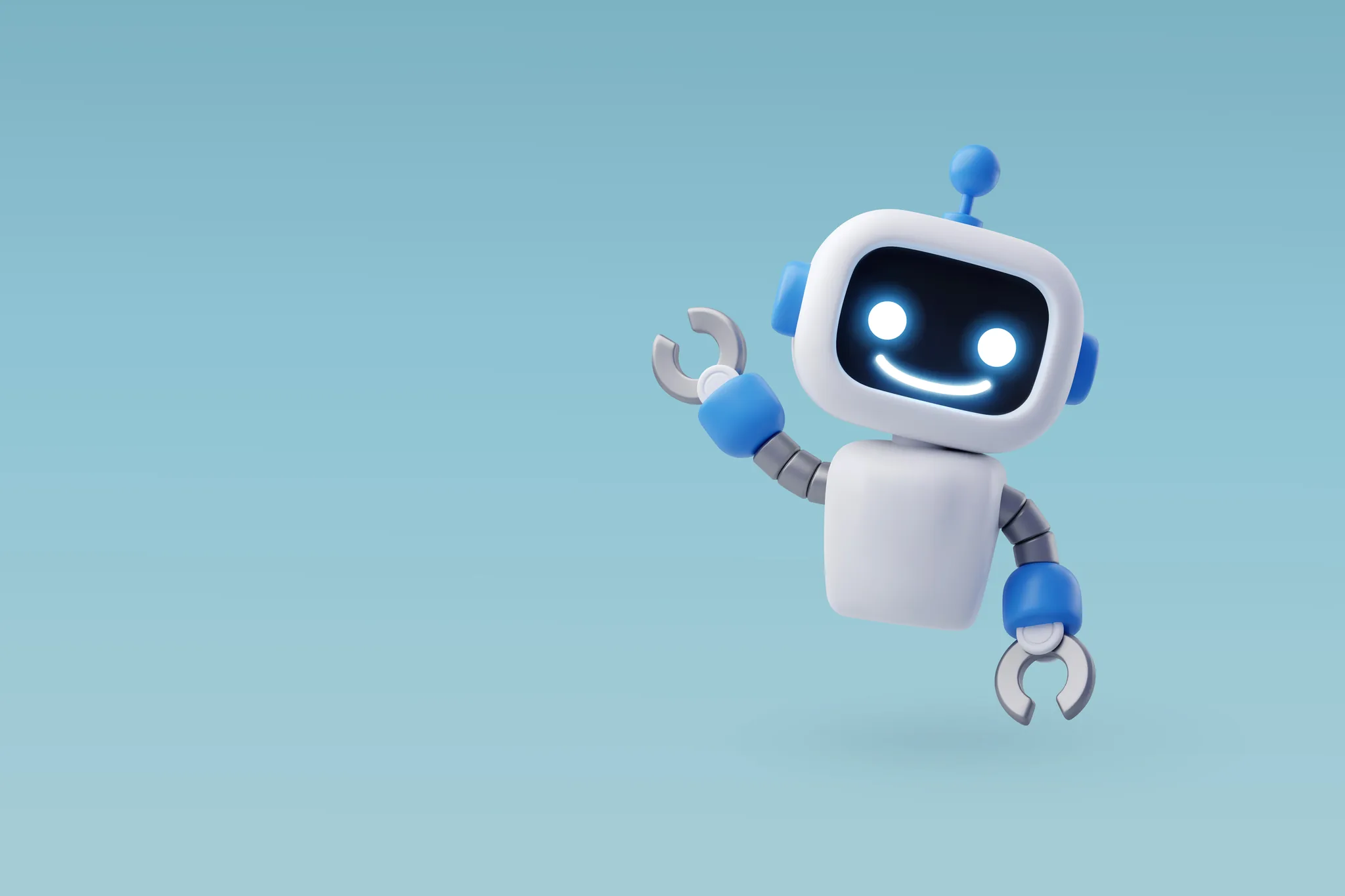 Illustration av en liten vit robot – symbol för AI och frågan om artificiell intelligens kan användas i förhandlingar.