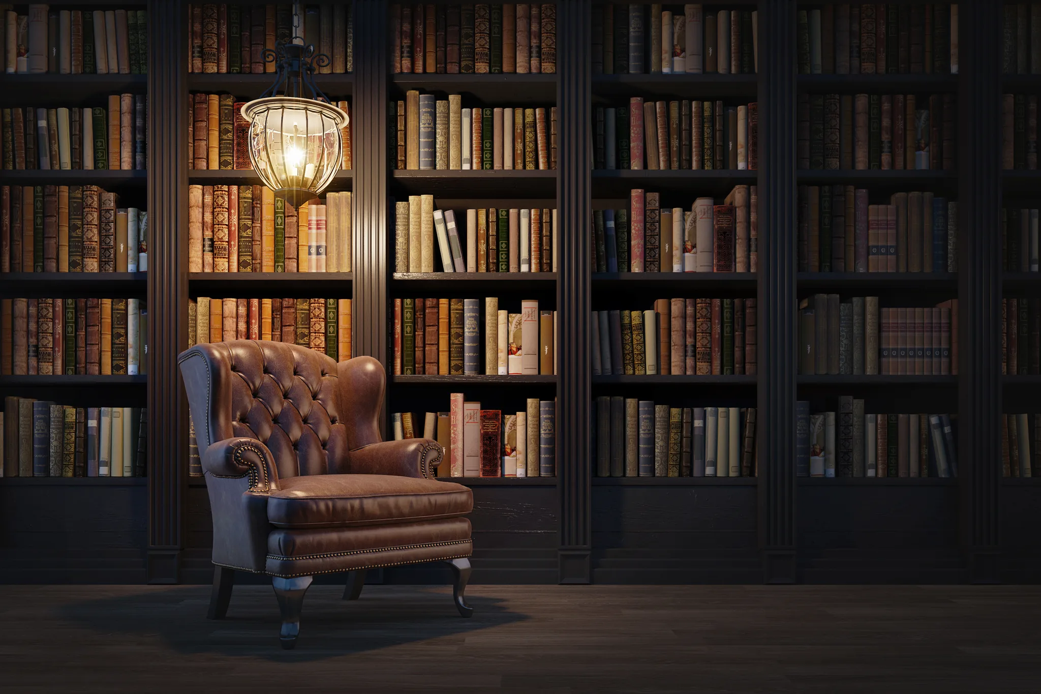 Fåtölj framför bokhyllor i bibliotek – symbol för boktips, kunskap och förhandlingsteknik.