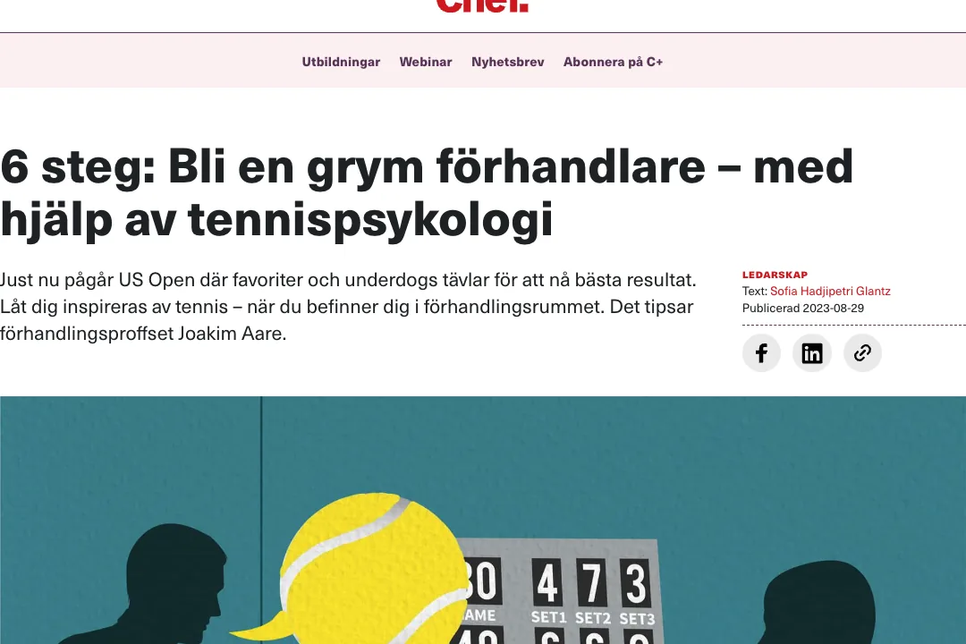 En artikelbild från tidningen Chef med rubriken ”6 steg: Bli en grym förhandlare – med hjälp av tennispsykologi”. Bilden visar artikelhuvudet och en illustration med silhuetter och en tennismatch, kopplat till förhandlingsteknik.