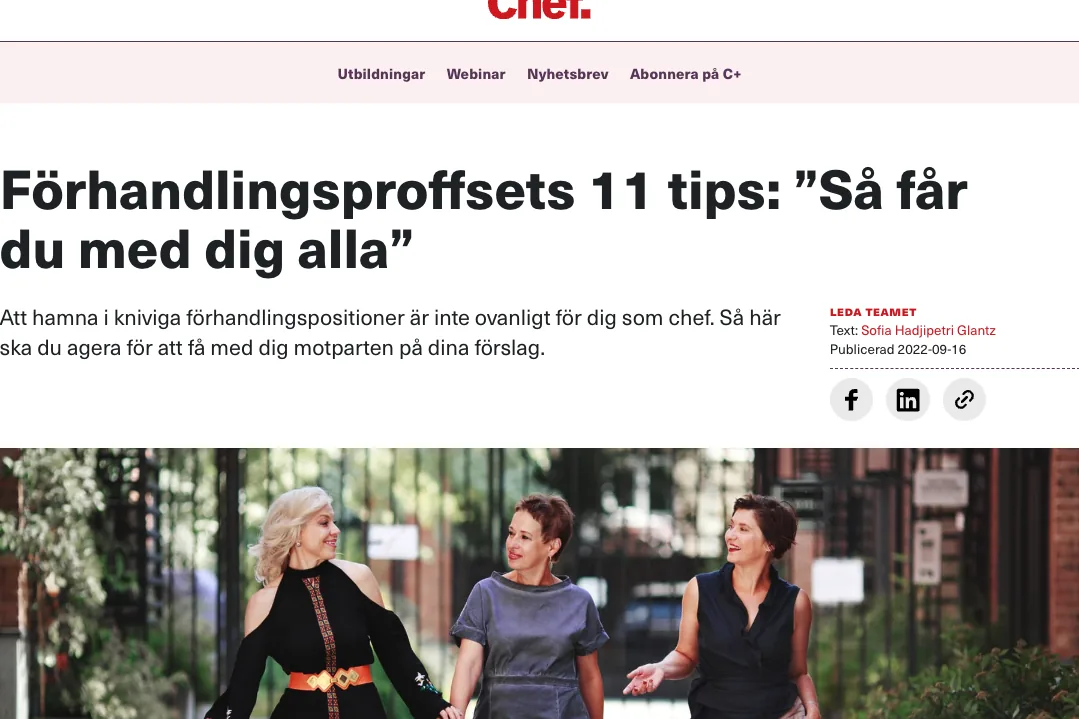 Artikel om förhandlingstips för chefer med rubriken ’Så får du med dig alla’, använd i marknadsföring av Yesbridges utbildningar inom förhandling och sälj.