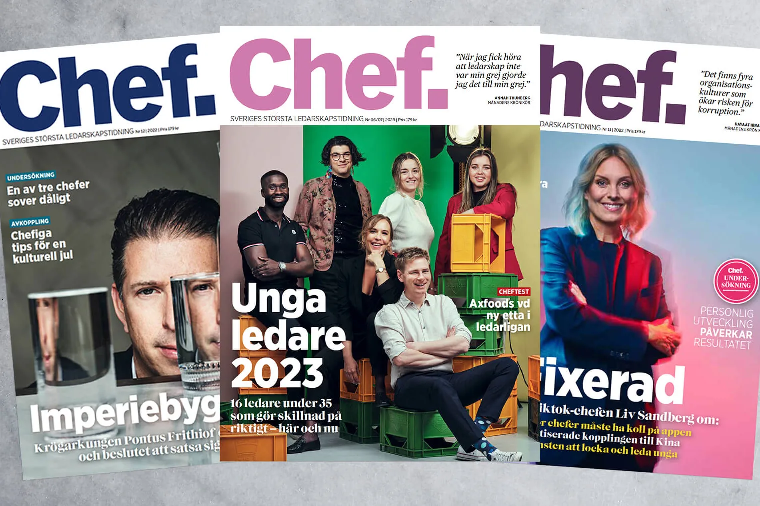 Omslag från tidningen Chef som lyfter ledarskap, unga ledare och chefers utmaningar, använt som referens i marknadsföring av Yesbridges utbildningar inom ledarskap, förhandling och sälj.