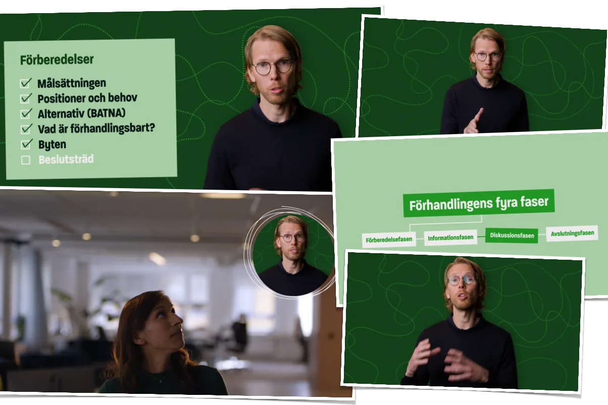 Instruktör som går igenom struktur och förberedelser inför en affärsförhandling i
digital utbildning.