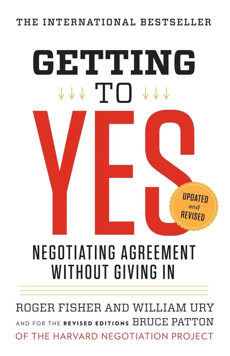 Omslaget till boken Getting to Yes, en internationell bestseller om förhandlingsteknik av Roger Fisher och William Ury, ofta rekommenderad inom professionella förhandlingar.