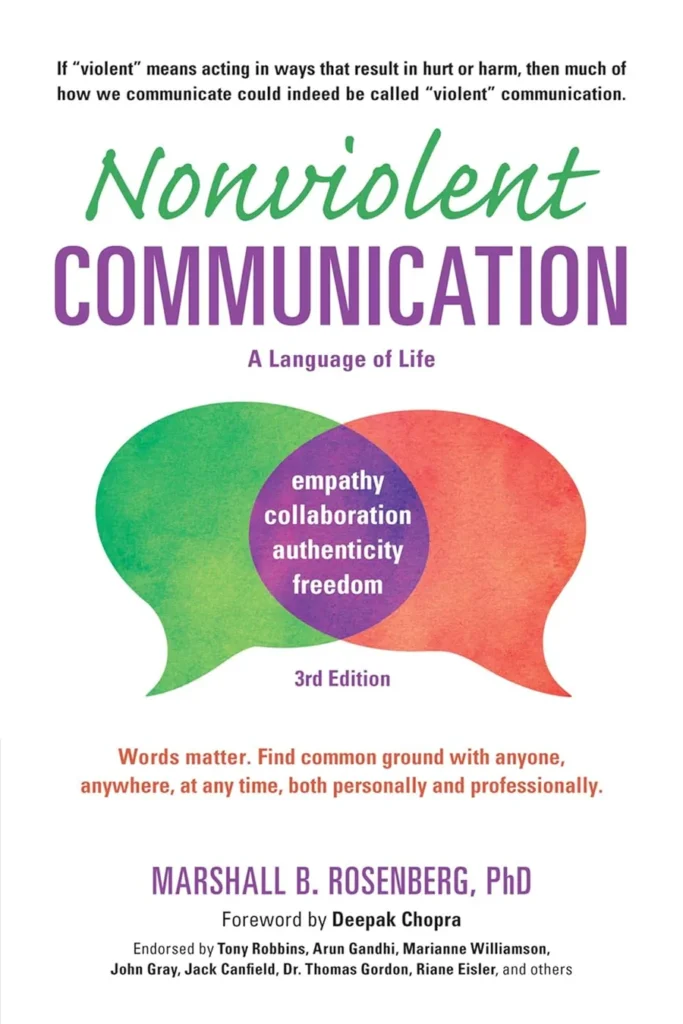 Omslaget till boken Nonviolent Communication av Marshall B. Rosenberg, som beskriver en metod för tydlig och empatisk kommunikation för att skapa samarbete och minska konflikter.