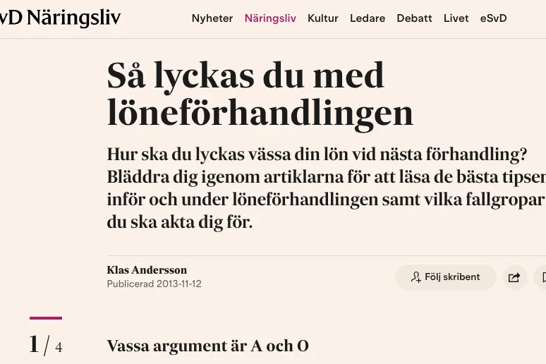 Artikel med rubriken "Så lyckas du med löneförhandlingen", som används i marknadsföring av Yesbridges utbildningar inom förhandling, påverkan och sälj.